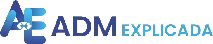 Logo da ADM EXPLICADA com design moderno, trazendo as iniciais 'AE' conectadas por um elemento geométrico e um gradiente azul no nome.