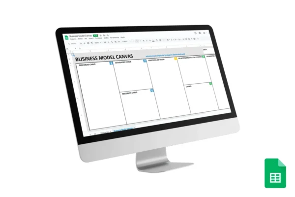 Template de Business Model Canvas no Google Sheets, destacando componentes como Parcerias Chave, Proposta de Valor, e Segmentos de Clientes.