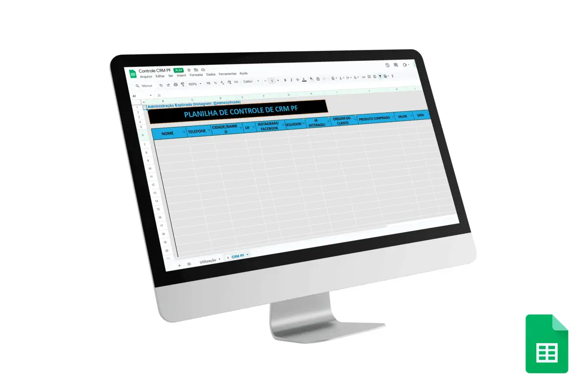 Planilha de Controle de CRM no Google Sheets, incluindo campos como nome, telefone, redes sociais, origem do cliente e histórico de compra.