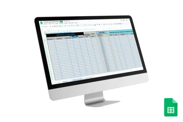 Planilha de Controle de Recebimentos no Google Sheets, com seções para rastrear créditos a receber e créditos não efetivamente recebidos.