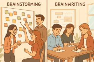Ilustração cartunesca comparando brainstorming e brainwriting em uma sala criativa de equipe.