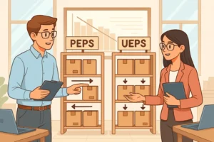 Ilustração cartunesca comparando PEPS e UEPS em um ambiente de estoque.