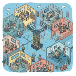 Ilustração cartunesca representando o conceito de departamentalização, com diferentes equipes organizadas por áreas funcionais dentro de uma empresa.