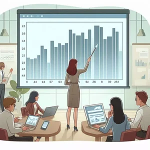 Ilustração cartunesca mostrando gestores analisando um histograma em um ambiente corporativo, focando em decisões baseadas em dados.