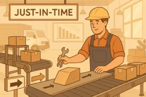 Ilustração cartunesca representando o sistema Just in Time com produção sincronizada e estoque mínimo.