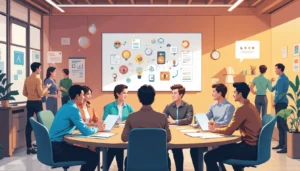 Ilustração cartunesca de um ambiente corporativo representando a Teoria Comportamental da Administração, com colaboradores interagindo, conversando e colaborando de forma humanizada.