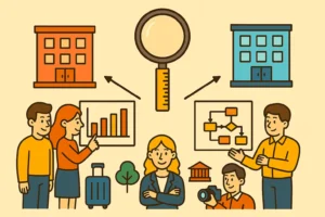 Ilustração cartunesca mostrando o conceito de benchmarking entre duas empresas comparando boas práticas.