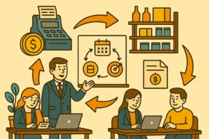 Ilustração cartunesca mostrando o fluxo de capital de giro dentro de uma empresa, com entradas e saídas de recursos.