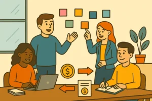 Ambiente de escritório moderno com equipe colaborando em uma reunião criativa