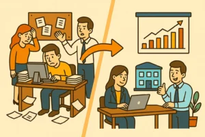 Ilustração cartunesca mostrando a transformação de uma empresa antes e depois de aplicar a reengenharia.