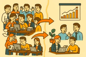 Ilustração cartunesca mostrando uma empresa antes e depois do processo de rightsizing, com foco em eficiência organizacional.