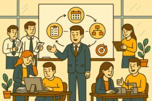 Ilustração cartunesca mostrando um gestor aplicando os princípios da Teoria Neoclássica com foco nas funções administrativas.