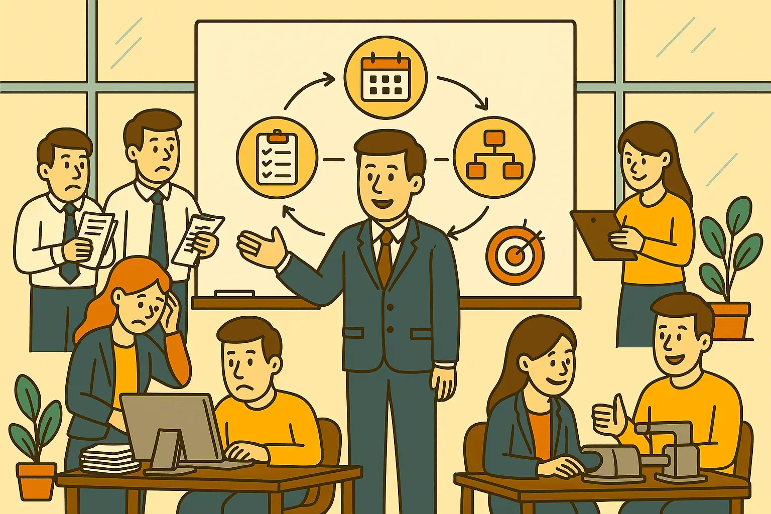 Ilustração cartunesca mostrando um gestor aplicando os princípios da Teoria Neoclássica com foco nas funções administrativas.