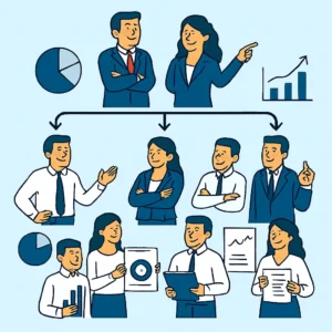 Ilustração de gestores dando ordens (linha) com especialistas oferecendo apoio técnico (staff).
