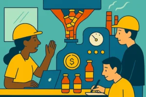 Ilustração de gargalo em linha de produção representando a Teoria das Restrições.