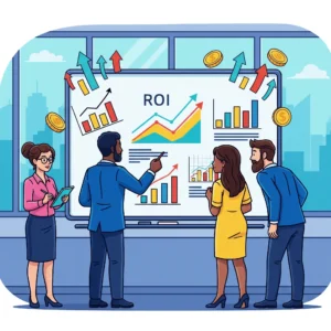 Profissionais analisando ROI em gráficos e tabelas em ambiente corporativo