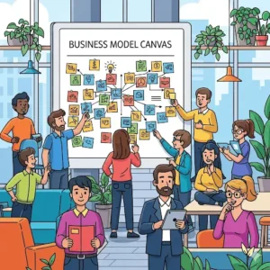 Ilustração cartunesca de empreendedores preenchendo o quadro do Business Model Canvas em um escritório colaborativo.