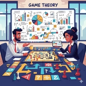 Ilustração cartunesca de dois jogadores analisando estratégias em um tabuleiro, representando a Teoria dos Jogos.