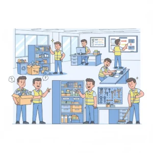 Ilustração cartunesca de colaboradores aplicando os cinco pilares da metodologia 5S em um ambiente de trabalho.