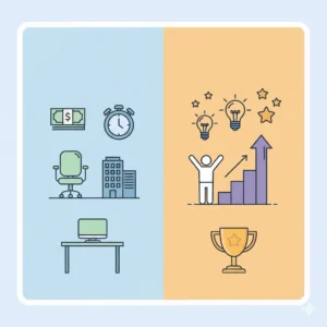 Ilustração cartunesca mostrando fatores higiênicos de um lado e motivacionais do outro segundo Herzberg.