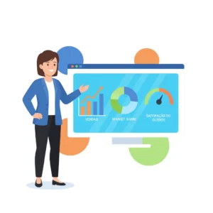 Ilustração cartunesca de uma profissional analisando um dashboard com gráficos de KPI, simbolizando a gestão de negócios orientada por dados e indicadores de performance.