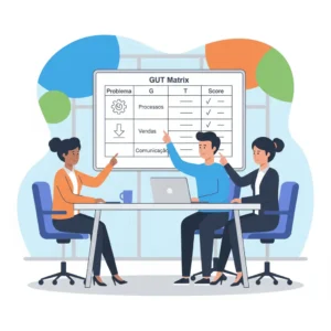 Ilustração de uma equipe de negócios utilizando a Matriz GUT em um quadro branco para priorizar problemas de forma estratégica, mostrando a aplicação da ferramenta.