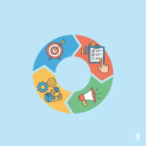 Imagem de capa conceitual sobre o ciclo PODC, mostrando quatro elementos interconectados em um loop contínuo, representando planejamento (alvo), organização (engrenagens e blocos), direção (megafone) e controle (checklist com gráficos).