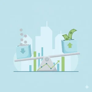 Ilustração conceitual sobre o ponto de equilíbrio financeiro, mostrando uma balança em perfeito equilíbrio entre custos e receitas.