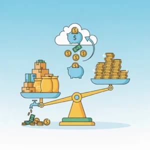 Ilustração cartunesca mostrando receita, custos variáveis e lucro.