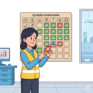 Ilustração de um gerente em ambiente de fábrica analisando um Quadro Kamishibai visual com cartões vermelhos e verdes, demonstrando a gestão visual.